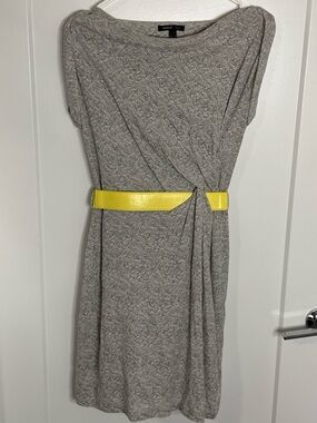 EXCELLENT CONDITION MNG Mango Suit Light Gray Textured Midi Dress w/ Yellow Belt